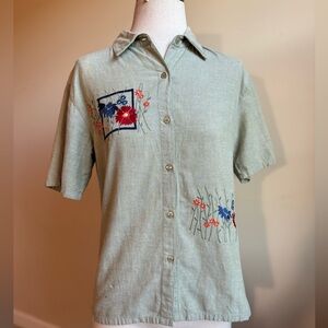 Bobbie Brooks Cotton Olive Green Short Sleeve Button Up With Floral Embroidery